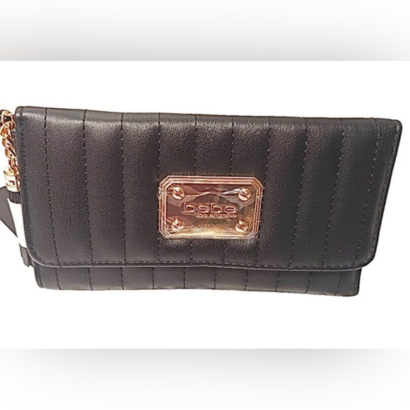 BEBE black rowan quilted tassel gold plated trifold wallet purse clutch wristlet - Picture 2 of 9